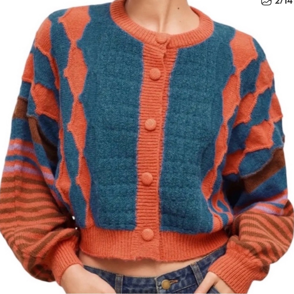 Cider Blue and Orange Knit Button-Up Crop Sweater